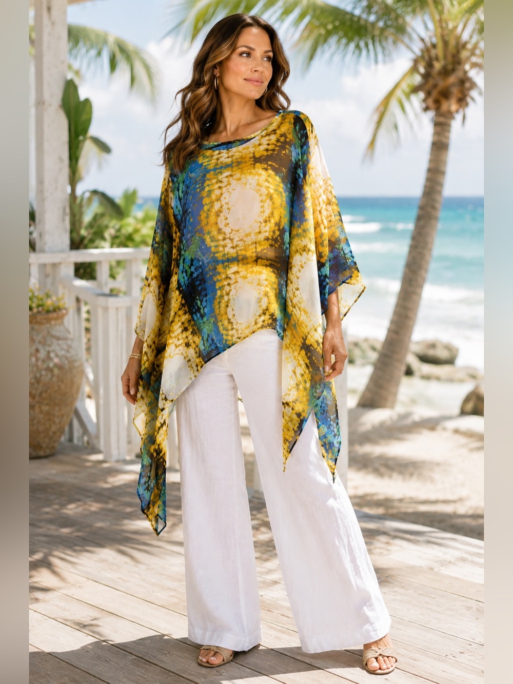 Shawl Dawls Yellow Blue Abstract Asymmetrical Poncho Top One Size